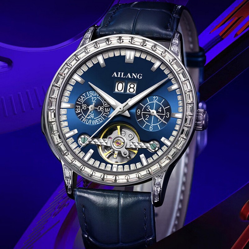 AILANG Men’s Luminous Diamond Calendar Tourbillon Automatic Mechanical Watch