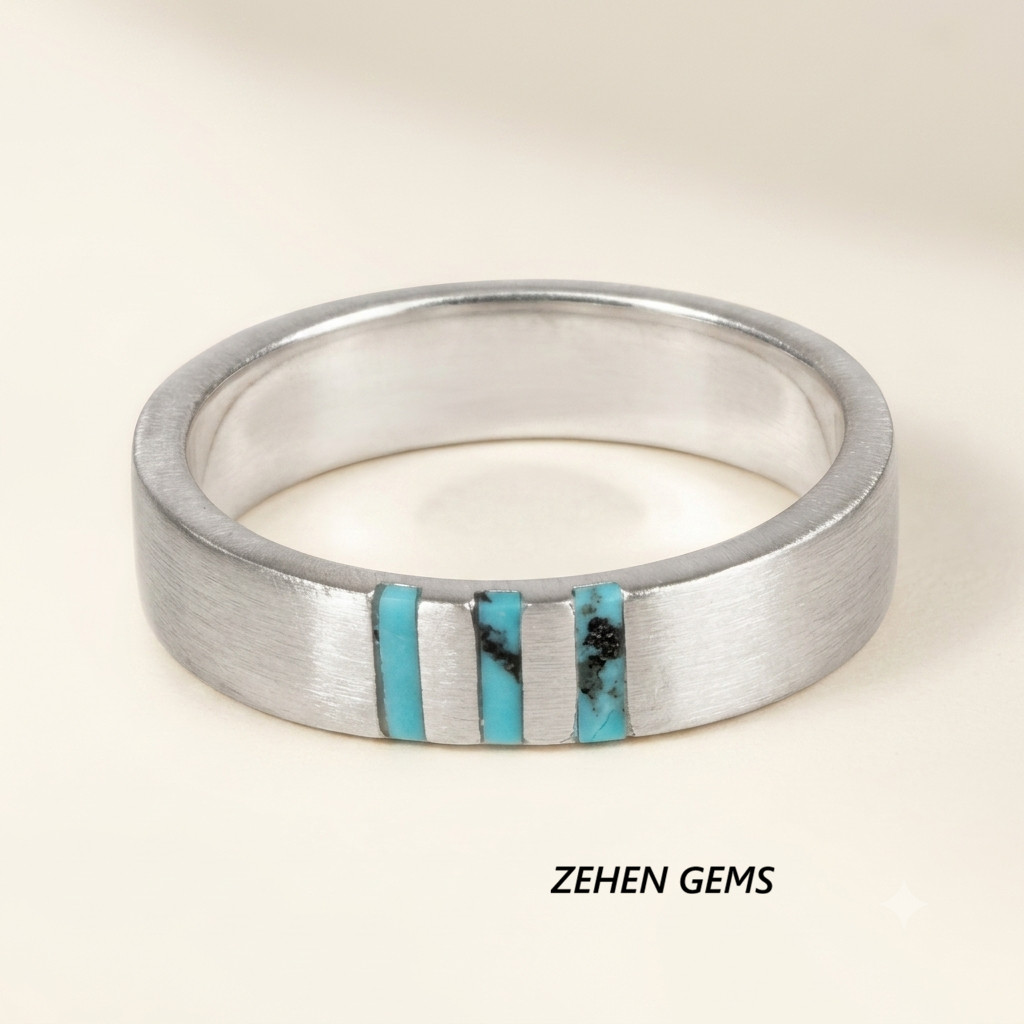 Lab created Men’s 925 Sterling Silver Turquoise Inlay Band Ring Wedding Ring