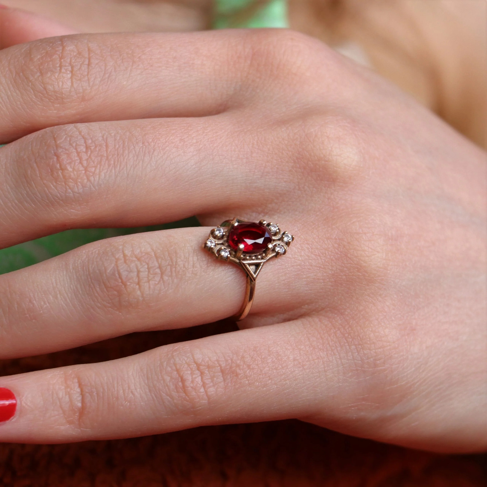 Handmade Garnet and Moissanite Ring