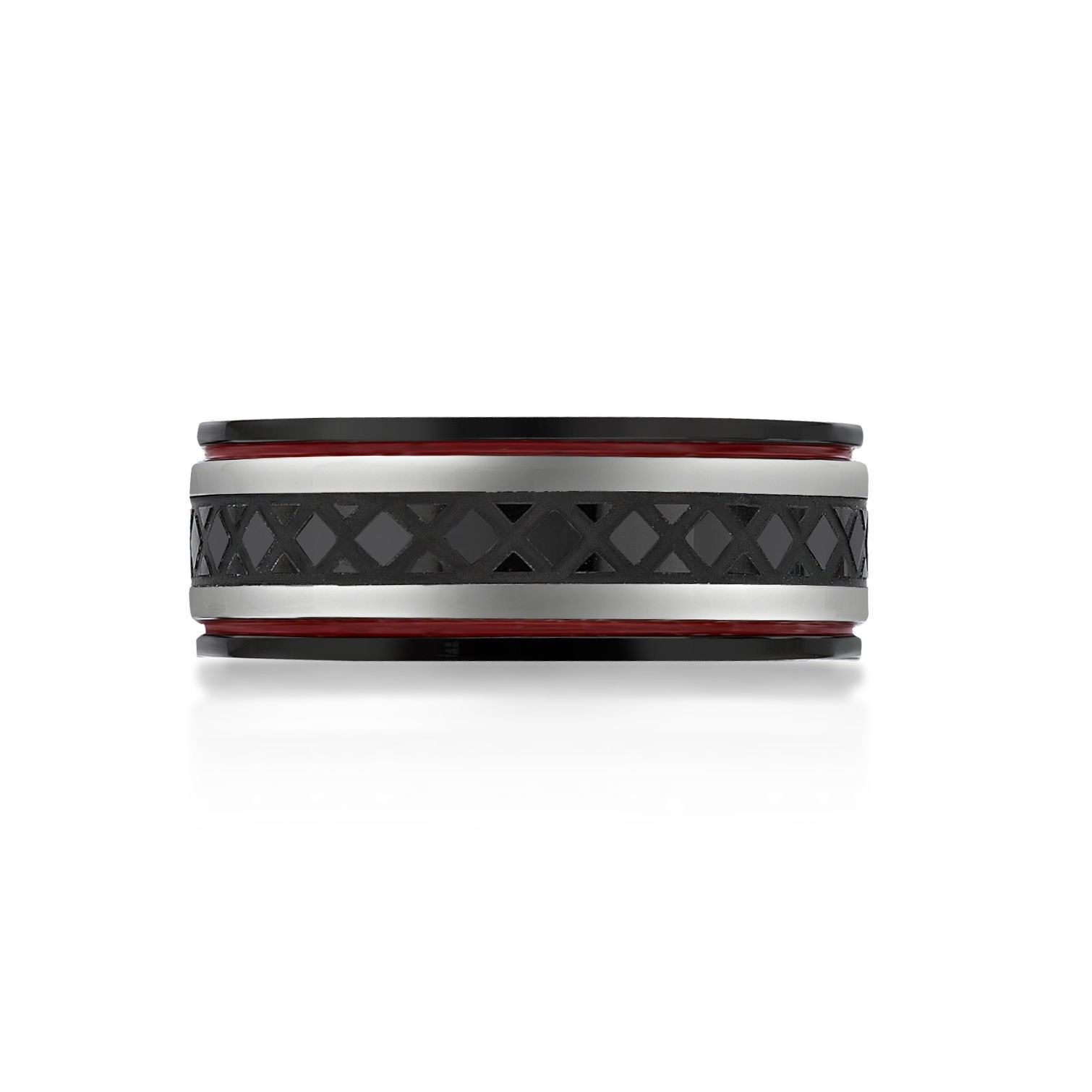 Stainless Steel Black Ion Plated Modern Striped Mutli-Color Red Resin Ring Sz 12