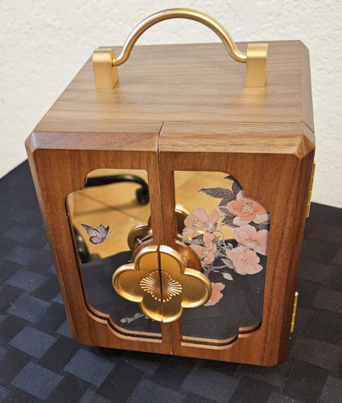Black Walnut Wooden Jewelry Organizer With Painted Mirror Doors & Brass Handles