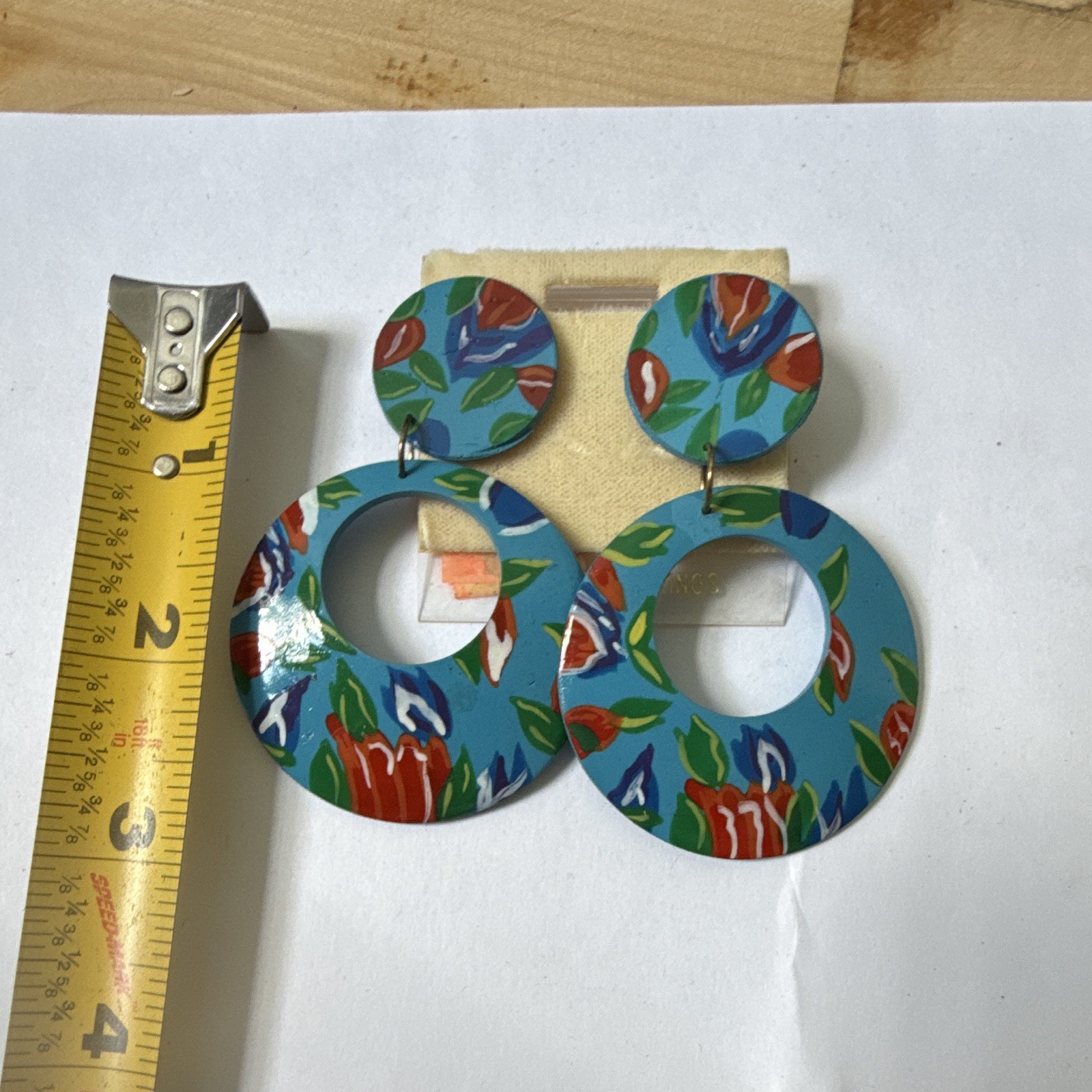 Vintage Multicolor Floral Round Dangle Earrings Plastic Butterfly Back 3.25in