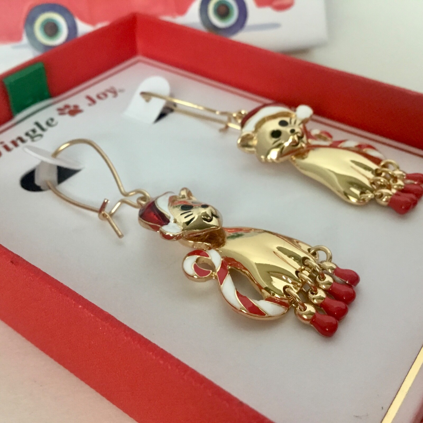 Jingle & Joy Christmas Kitty Cat With Santa Hat & Striped Tail Dangle Earrings