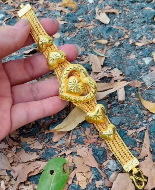 Bracelets Bangle Braided Gold Plated Heart carved Ribbon Jewelry 5 Baht 7.5 Inch