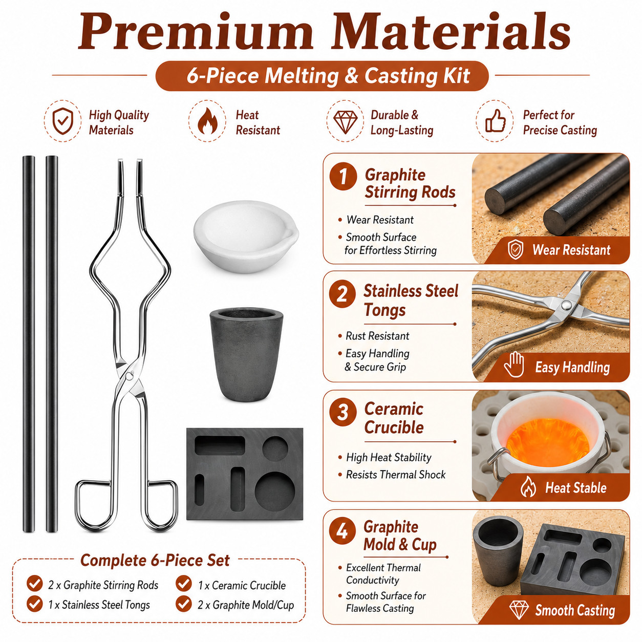 6Pack Metal Melting Casting Kit Graphite Ingot Mold Gold Silver Copper Refining