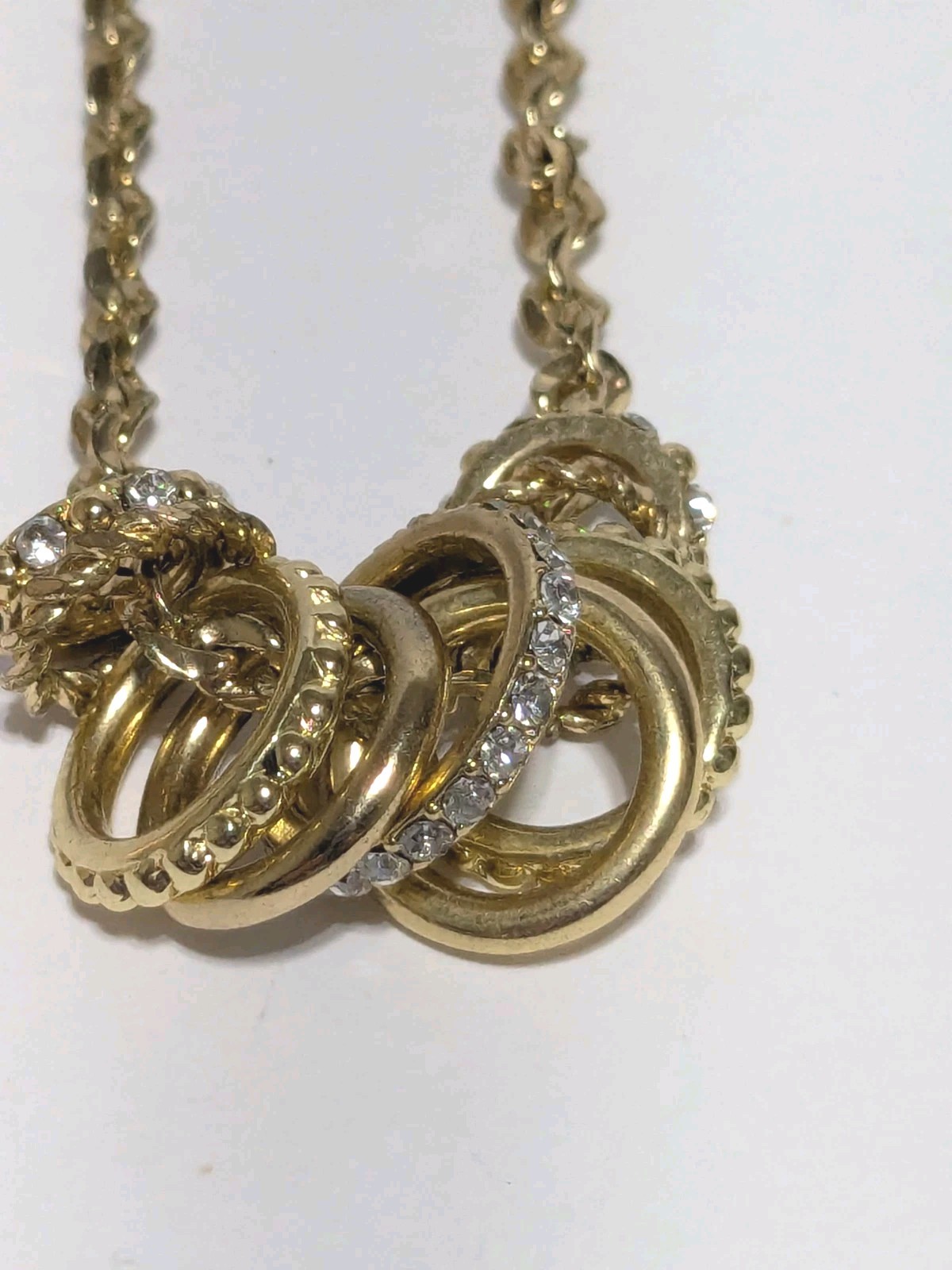 Charter Club Gold Tone Necklace With Textured & Pave Rhinestone Ring Charms 17″