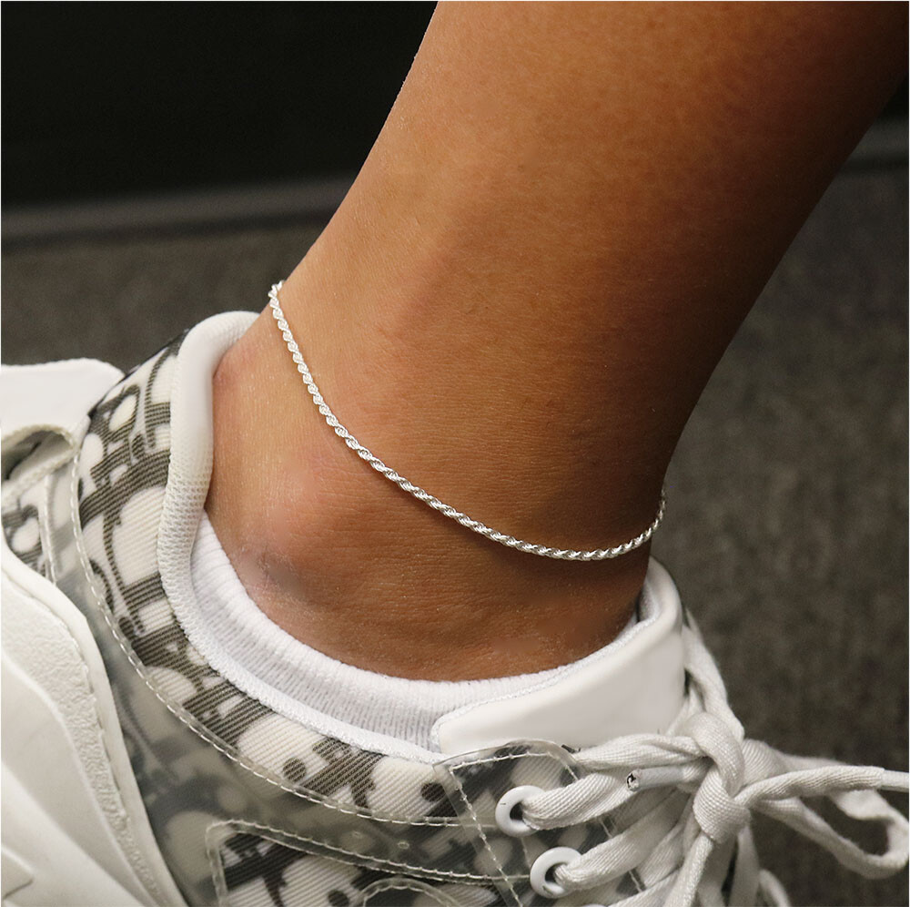1MM Solid 925 Sterling Silver Italian DIAMOND CUT ROPE Anklet 9″ or 10″