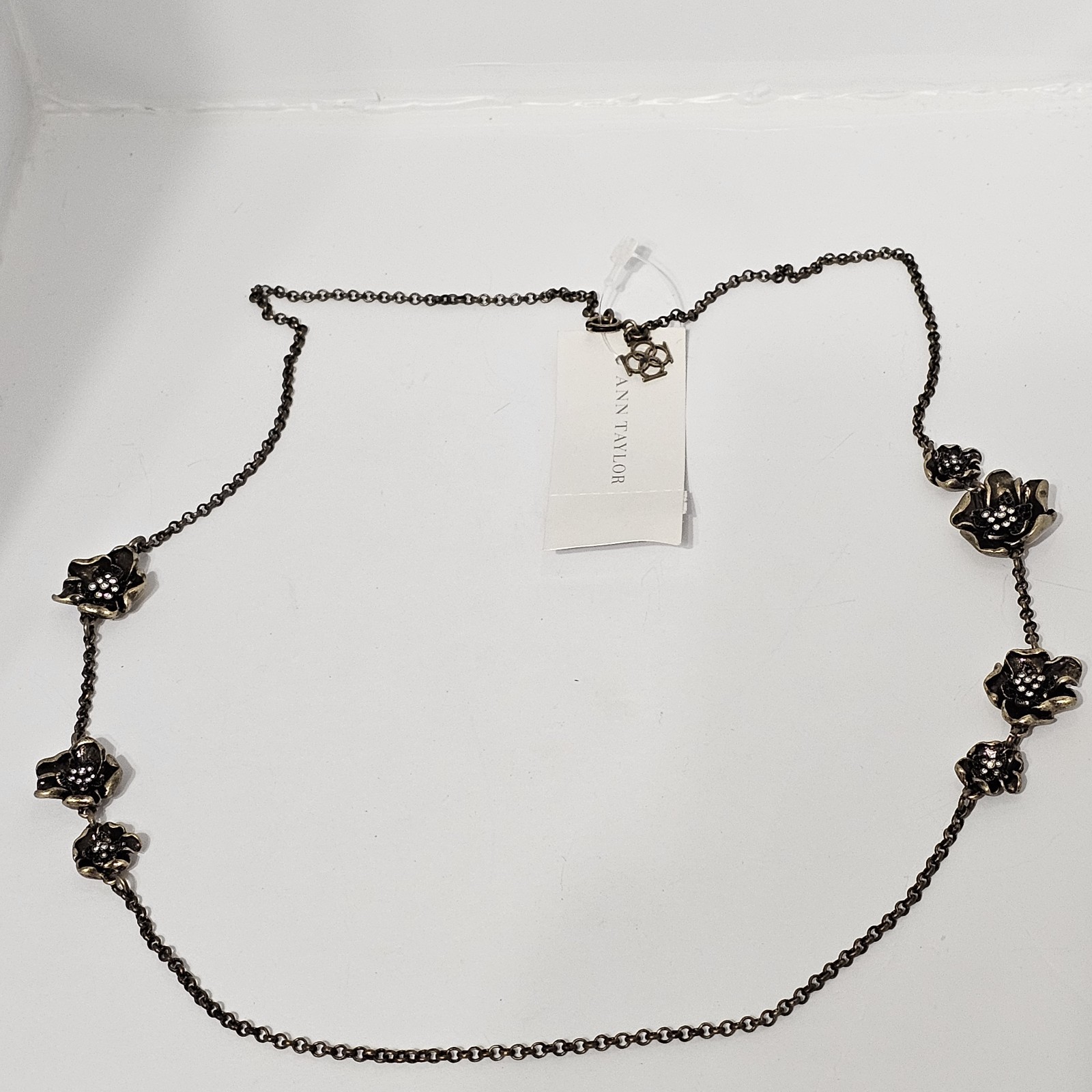 Ann Taylor Long Station Necklace Bronze Gold Floral Rhinestone Flower Chain NWT