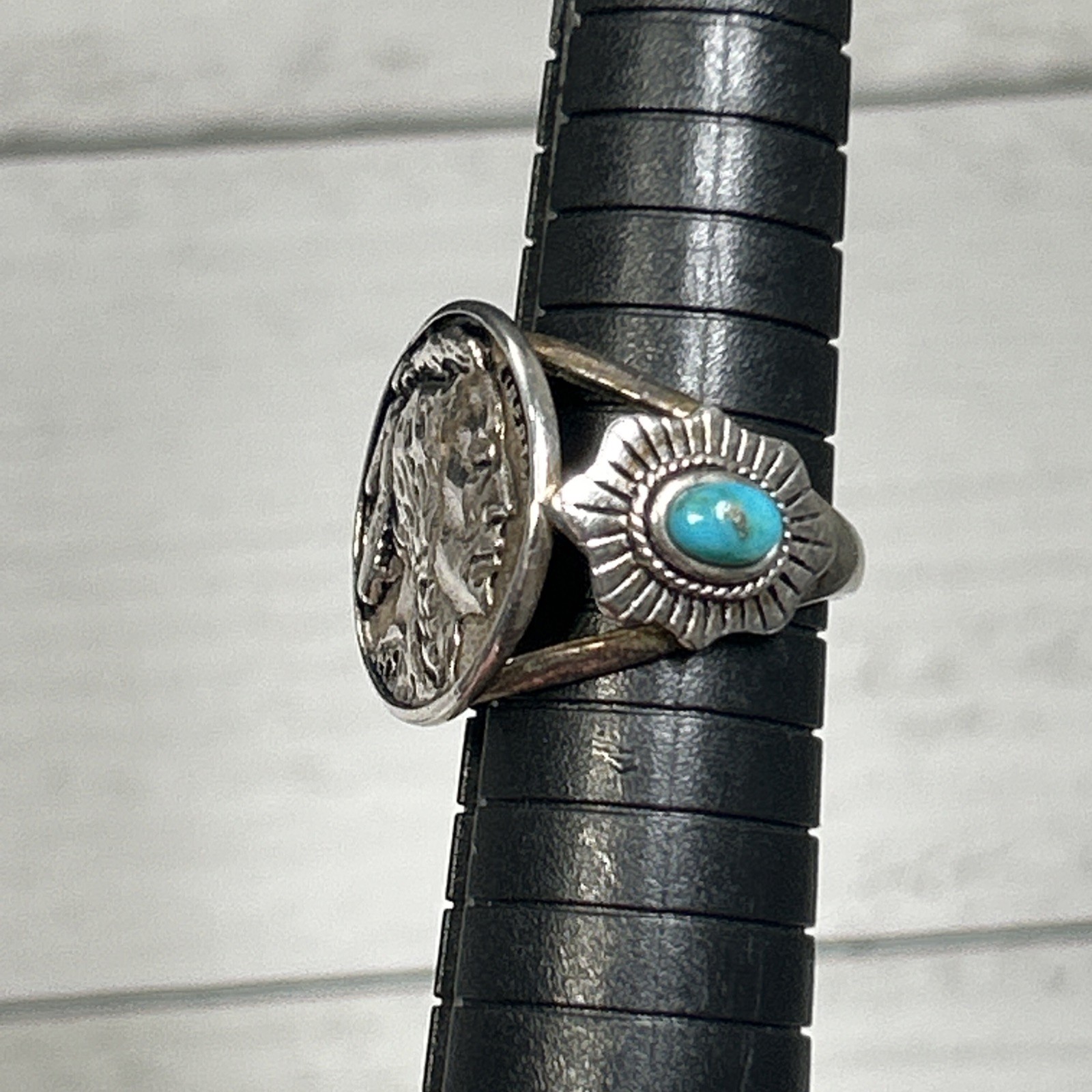 Vintage Silver 925 Navajo 1937 Indian Head Nickle Turquoise Ring Signed BBJ Sz 7