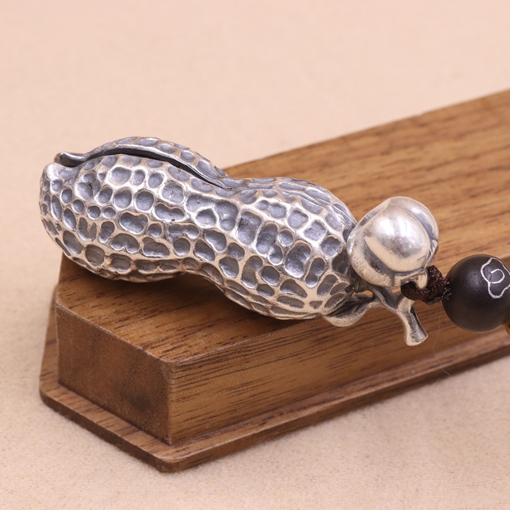 Solid S999 Fine Silver Carved Lucky Persimmon Peanut Pendant 26-27g 48*18mm