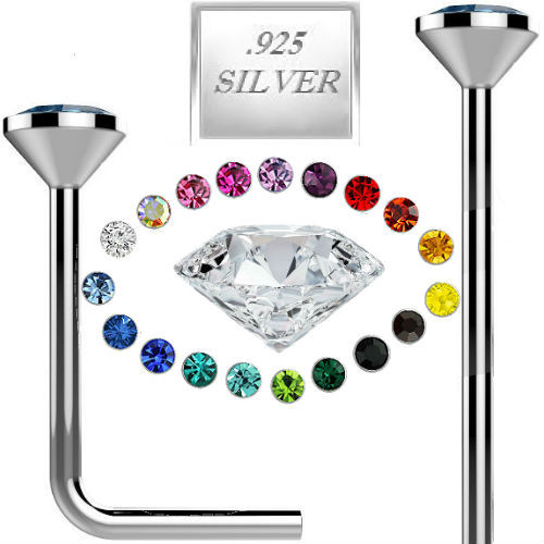 925 Sterling Silver Straight L Bend Nose Stud Ring 1MM 1.5MM 2MM 2.5MM CZ 22G