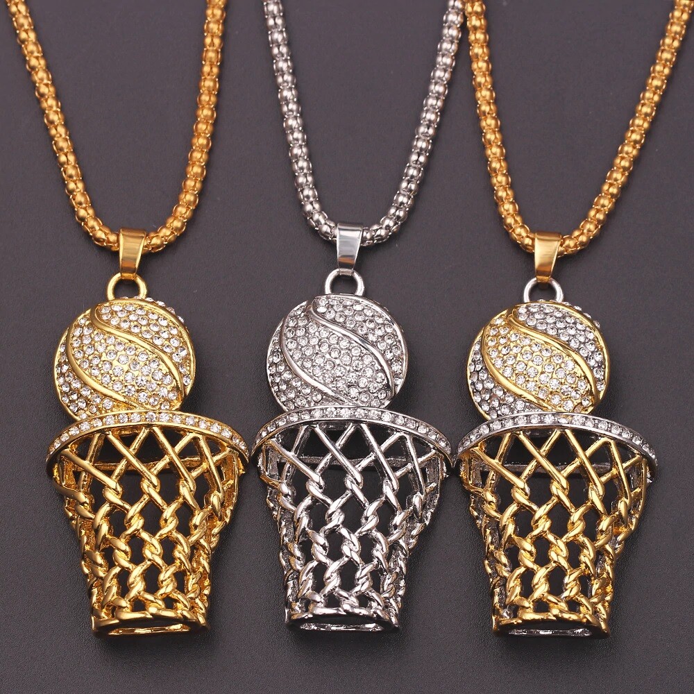 Men’s Plated Basketball Hoop Pendant Rope Chain Necklace