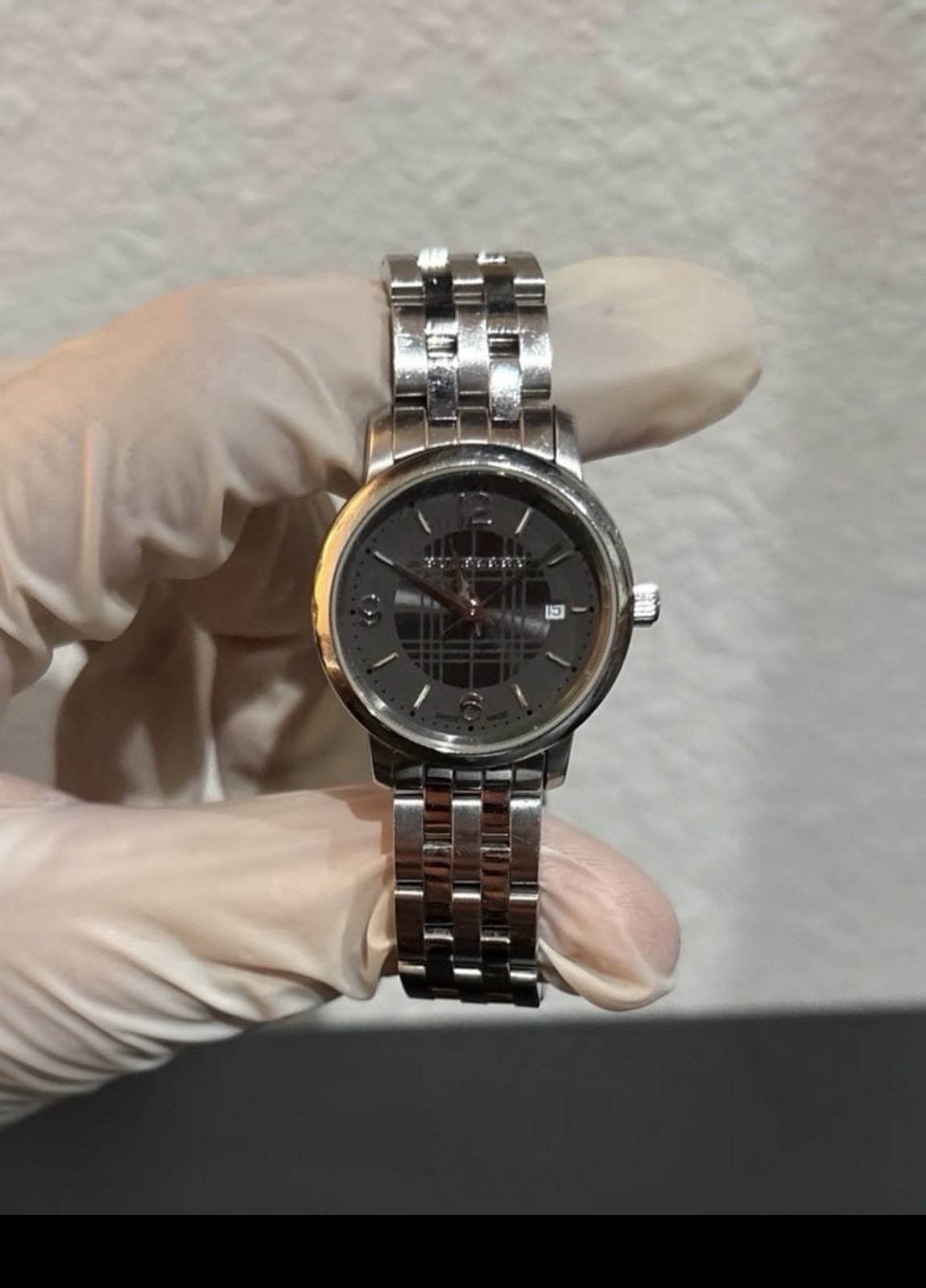 Burberry Women’s Swiss Made Check Dial Watch Stainless Steel Bracelet Date