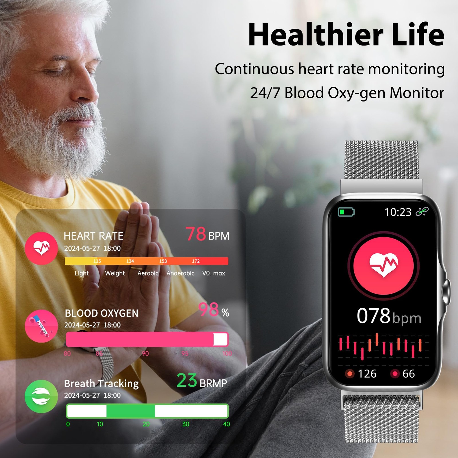 Fitness Tracker with 24/7 Continuous Heart Rate, Blood Standard, Silver