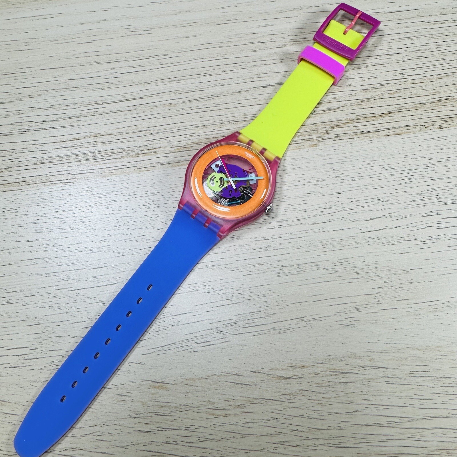 NEW✅ Swatch Dip In Color Orange Skeleton Dial Yellow and Purple Silicone Watch