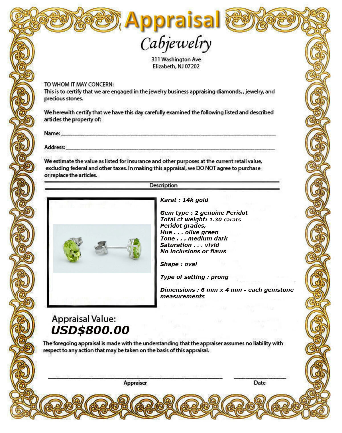 GENUINE 1.30 Cts PERIDOT STUD EARRINGS 14K WHITE GOLD – Free Appraisal Service