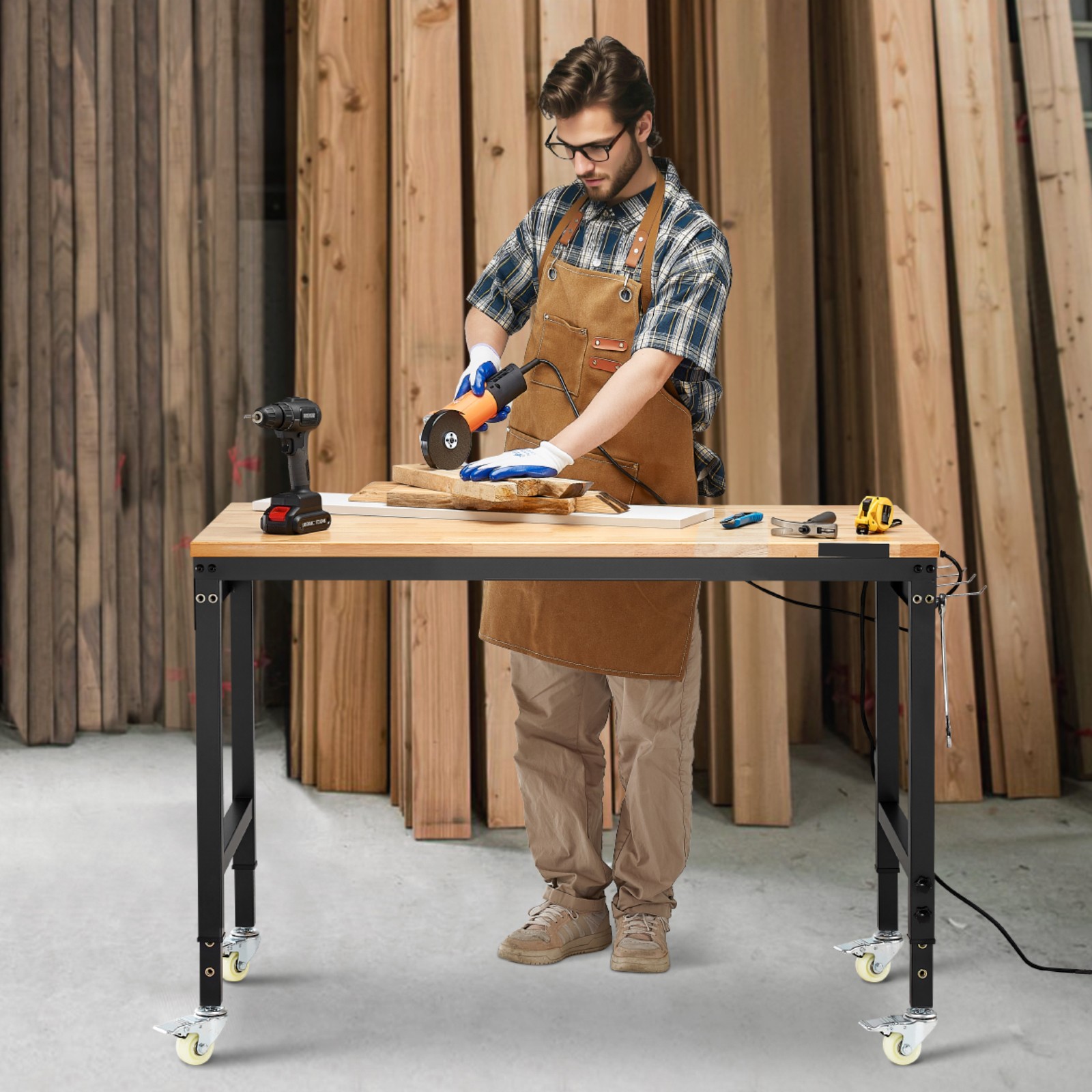 Uimoso 48″ Mobile Workbench with Adjustable Height, Power Outlet & Pegboard