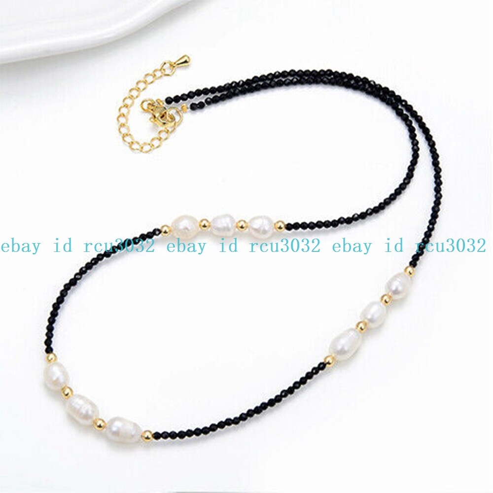 Faceted 3mm Round Black Spinel 8-9mm Natural Freshwater Pearl Pendant Necklace
