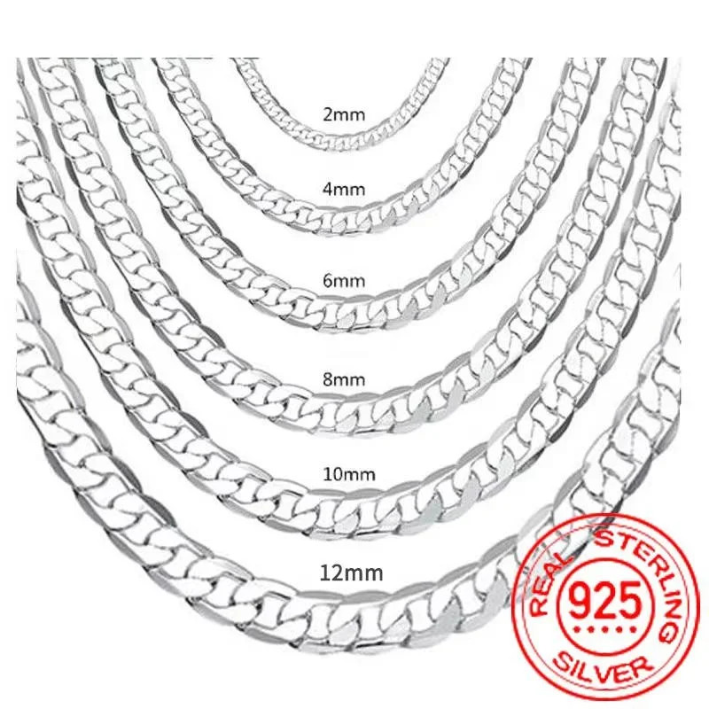 Men’s 925 Sterling Silver Necklace 2/4/6/8/10/12MM 40-75cm Face Chain Necklace L