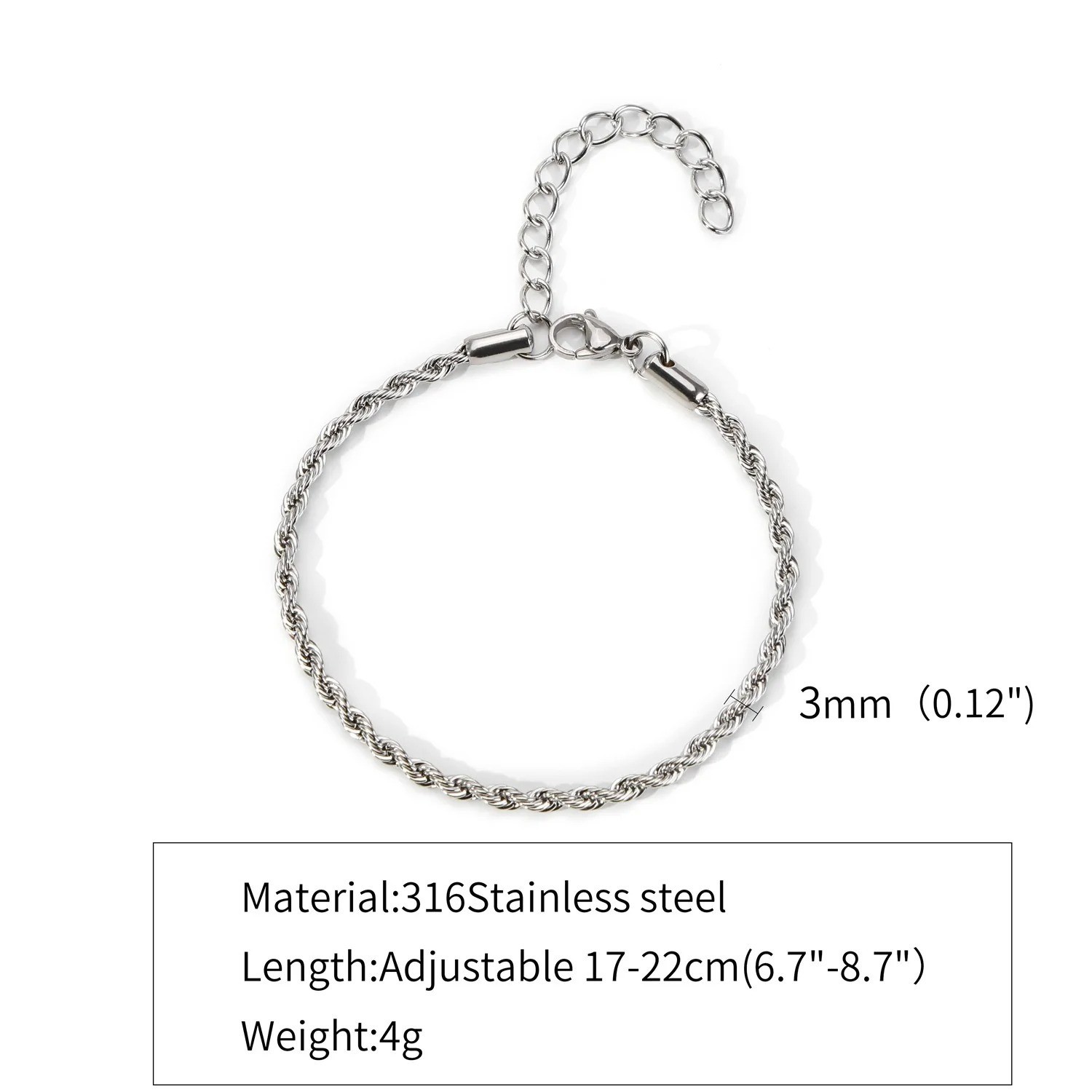 Simple Silver Twist Chain Bracelet Hip Hop Jewelry Adjustable Party Accessories