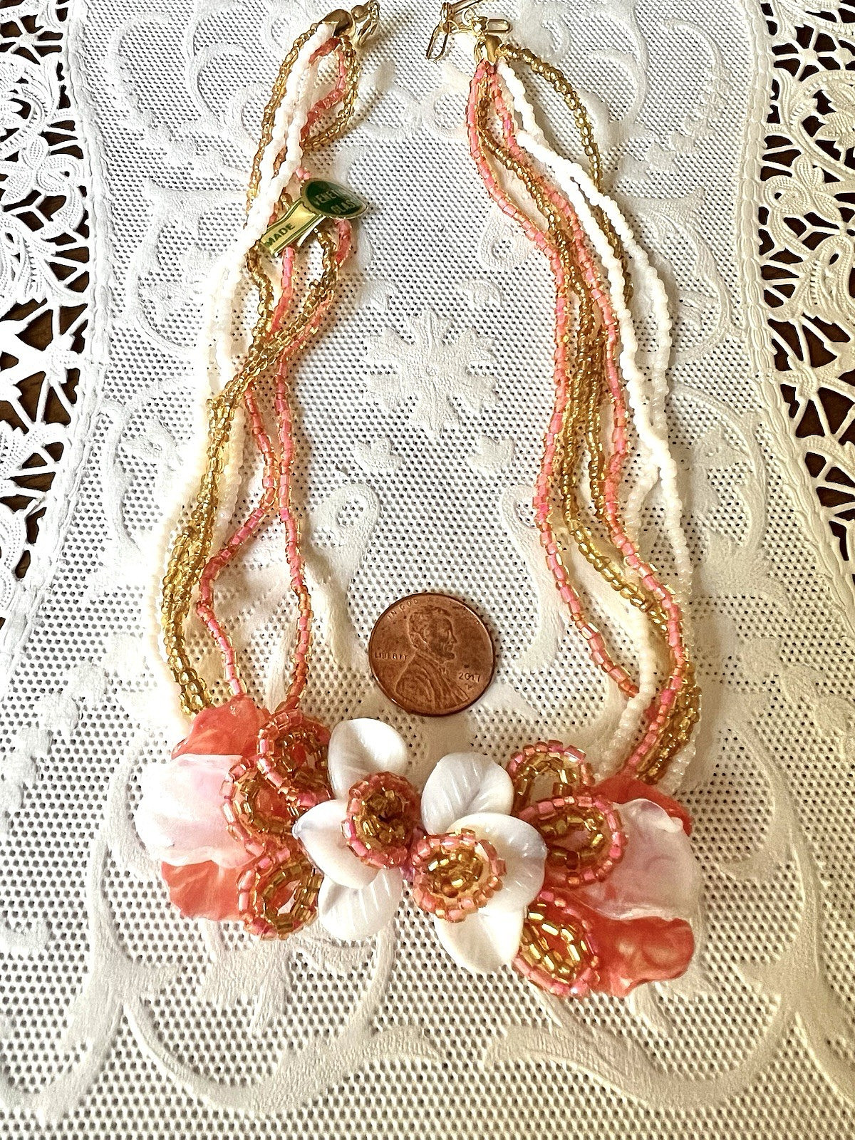 New Vintage Venetian Coral Flower Bead Art Glass Necklace W/Label 15″ + Extender