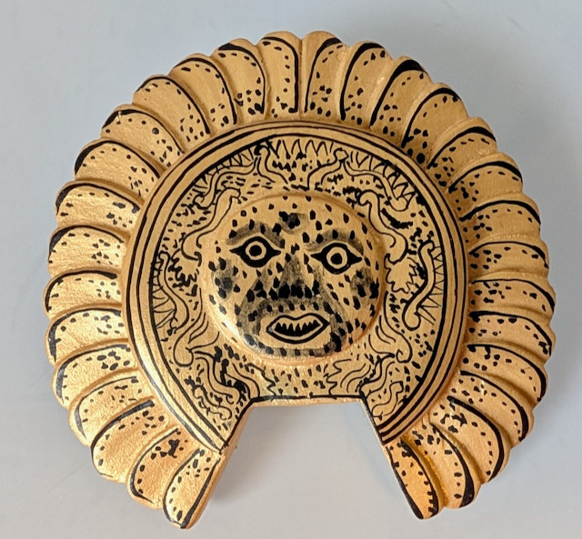 Gold and Black Painted Wooden Aztec Inspired Sun God Brooch