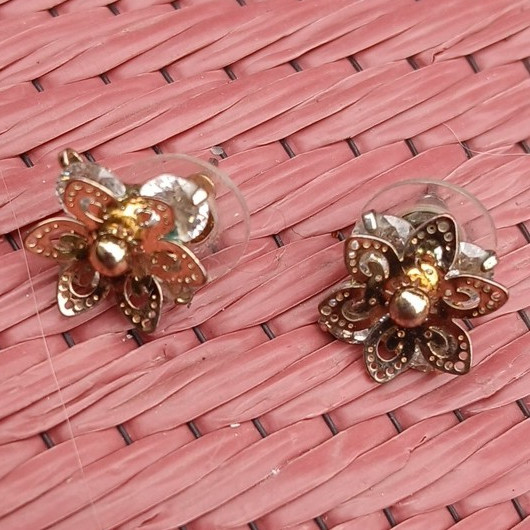 Flower Crystal Stud Earrings, Metal Gold & Silver Tone, Butterfly Back