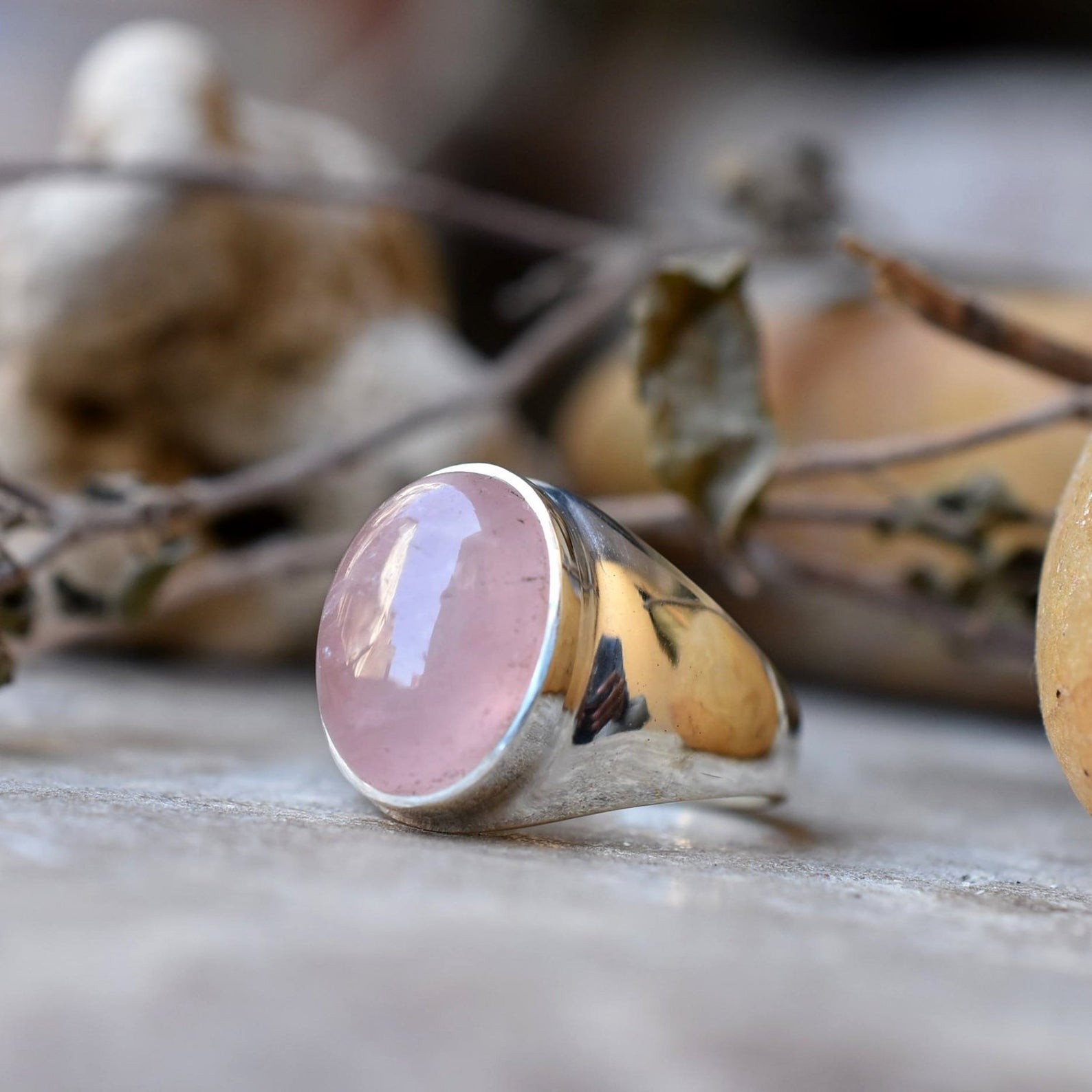 Solid 925 Sterling Silver Natural Rose Quartz Gemstone Signet Men’s Unisex Ring