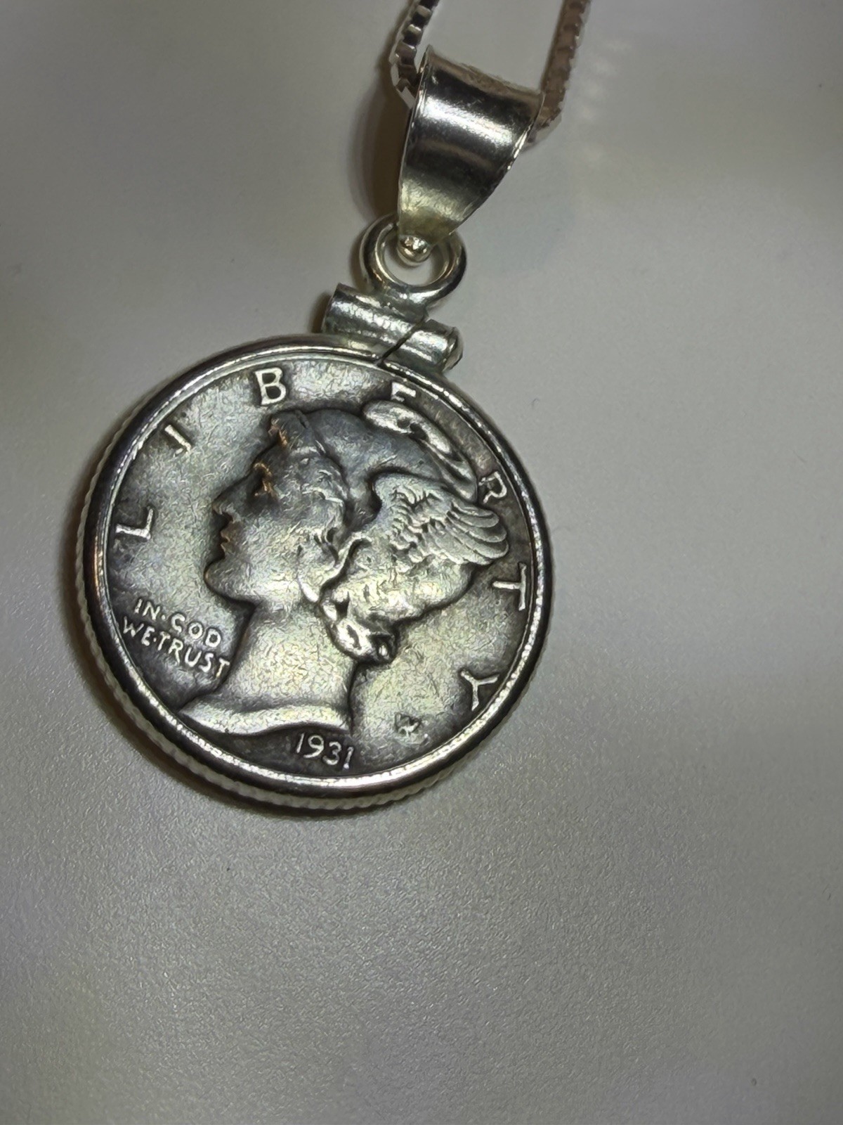 1931 S Mercury Dime Necklace Pendant Sterling Silver Chain