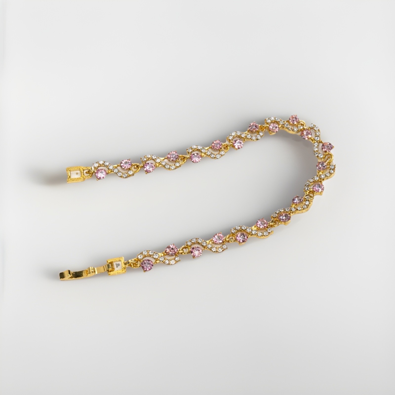 Gold Plated Pink CZ Tennis Bracelet 7-8in Clear Stone Link Gift Women