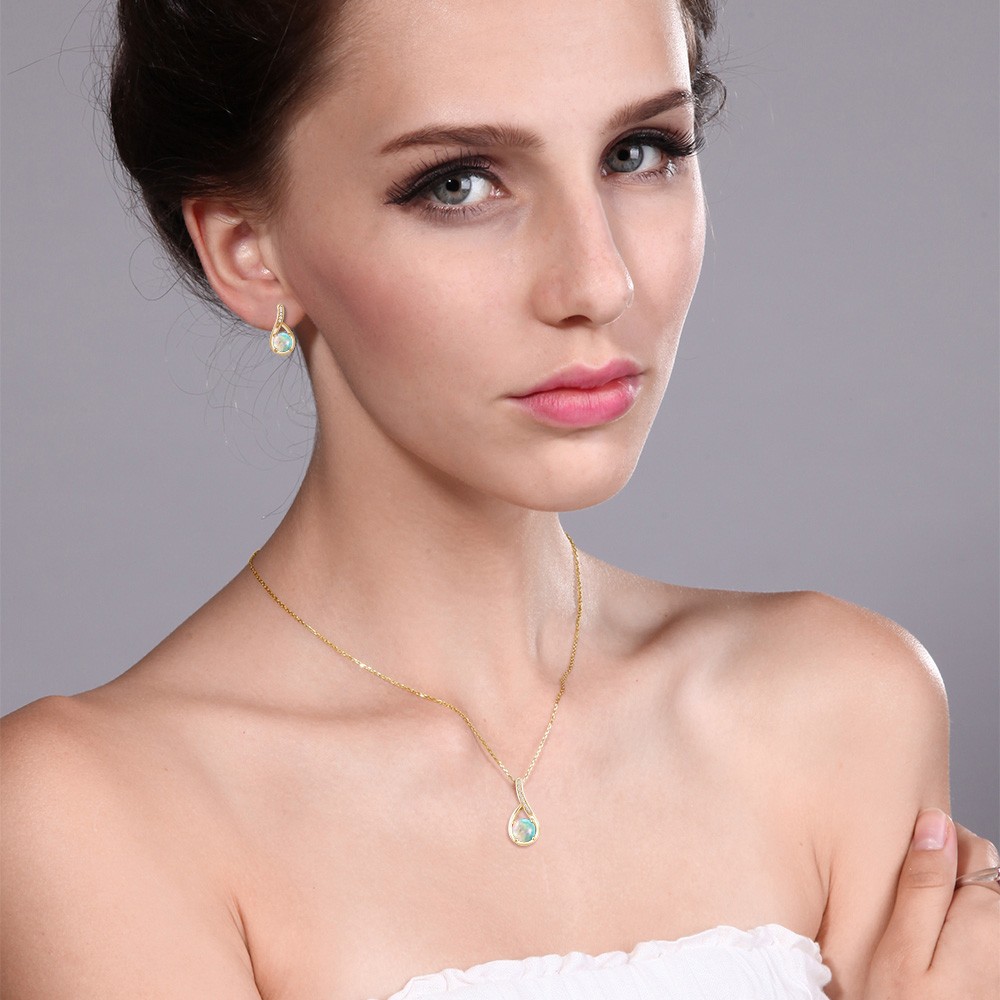 1.89 Ct Simulated Opal 18K Yellow Gold Plated Silver Diamond Pendant Earrings
