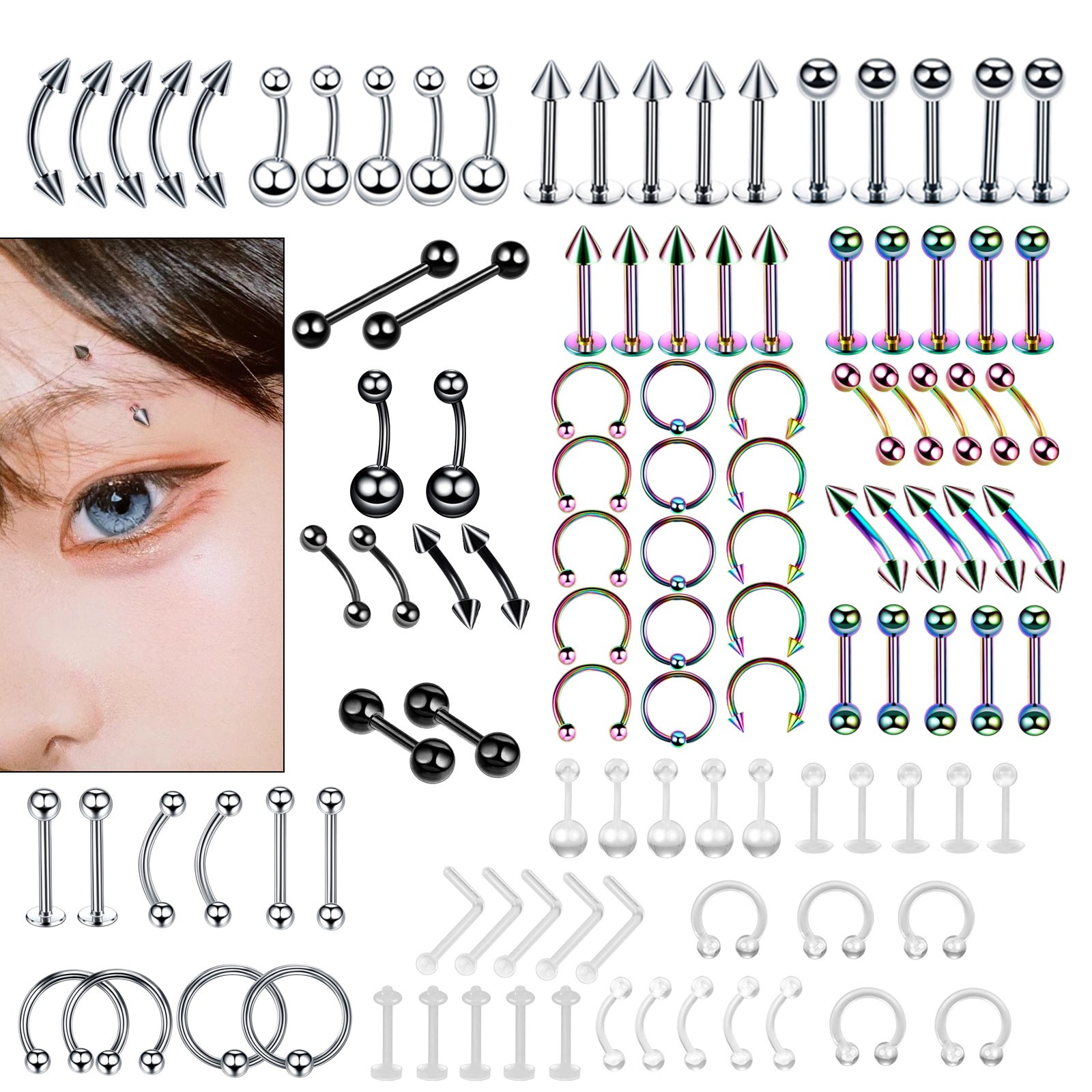 110PCS 16G Mixed Body Piercing Kit Surgical Steel Tongue Eyebrow Nose Lip Ring