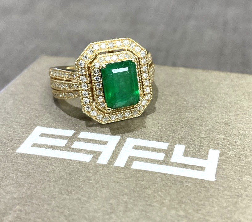 EFFY Emerald Diamond Double Halo 14k Yellow Gold Ladies Cocktail Ring