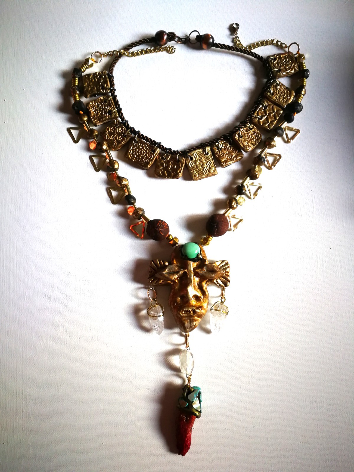 Statement Luxury Necklace Jewelry Pendant Tribal Mask Sculpture Horn & Gemstone