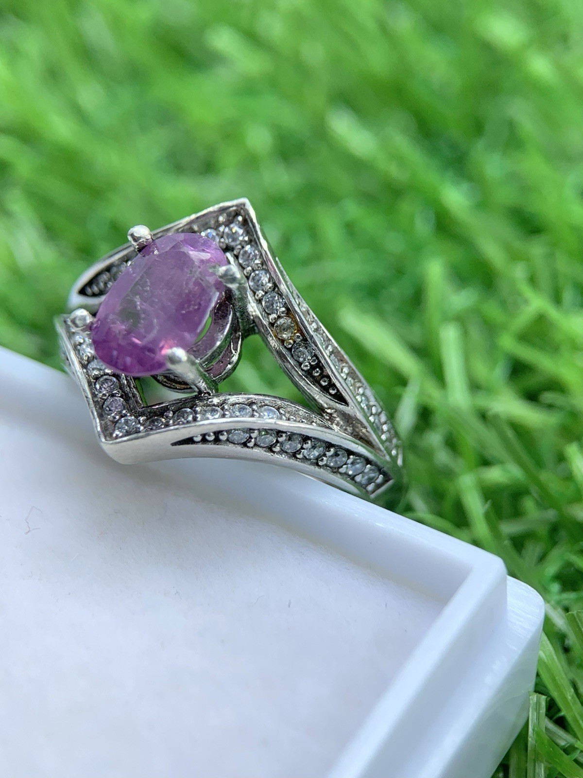 Natural Pinkish Purple Sapphire Ring 925 Sterling Silver Oval Size 5.5
