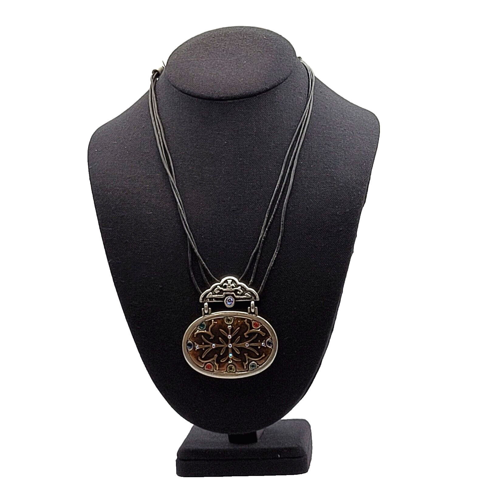 Chico’s Enamel and Rhinestone Pendant Necklace Triple Stand Cord Vintage Signed