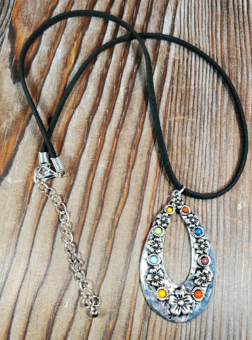Multi color Silver Teardrop Pendant Necklace Black Suede Chakra Flowers 18-20″
