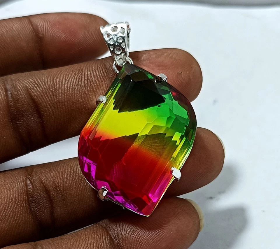Multi-Color Loose Natural 50 Ct Tourmaline Pendant 925 Solid Silver Gemstone