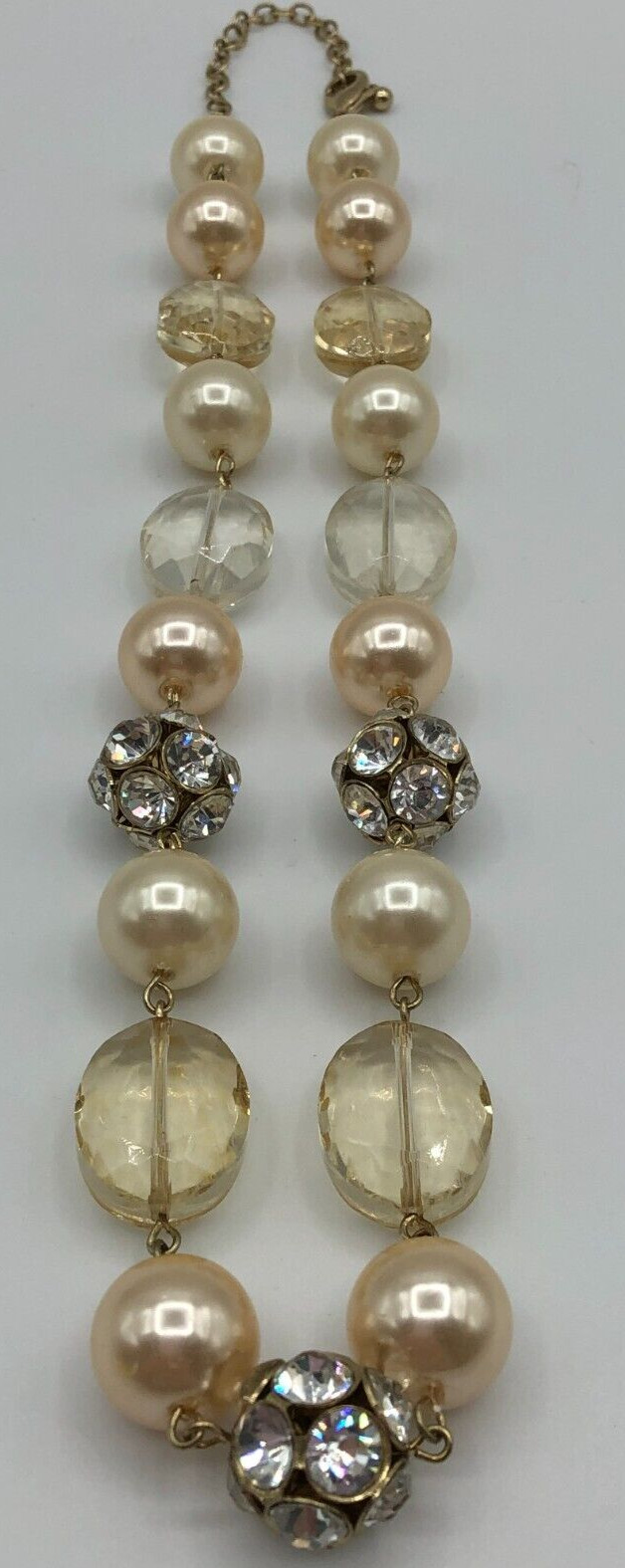 Vtg Cream & Champagne Faux Pearl Necklace Rhinestone Balls, Acrylic Crystals
