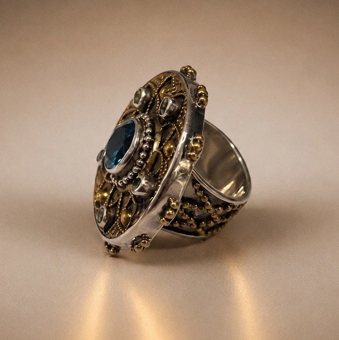 New Sterling Silver With Blue Sapphire Gold Tone Filigree Statement Ring