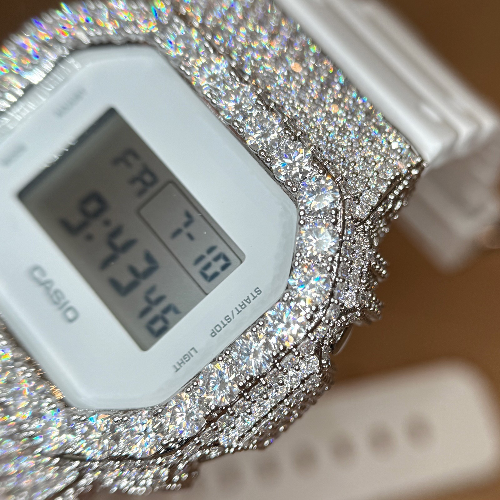 Authentic G Shock White DW5600 Custom Iced Out Moissanite Watch