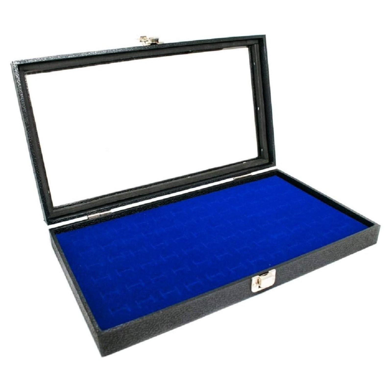 Novel Box Glass Top Black Jewelry Display Case With 36 or 72 Foam Ring Inserts