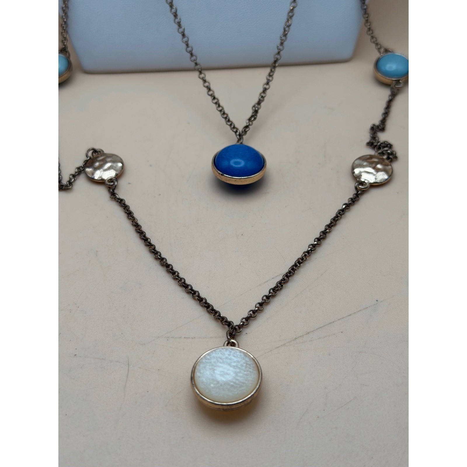 Multi Strand Layered Necklace Blue White Cabochon Gold Tone Crescent Moon Logo