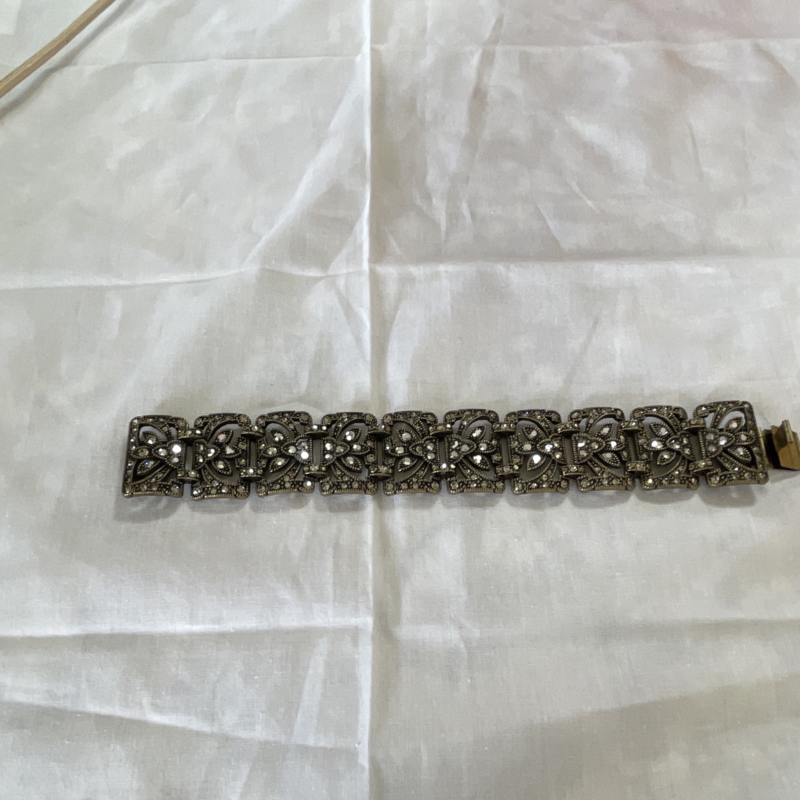 Gold Tone Clear Crystal Link Bracelet, Brass Base Metal, Box Clasp, 7 in