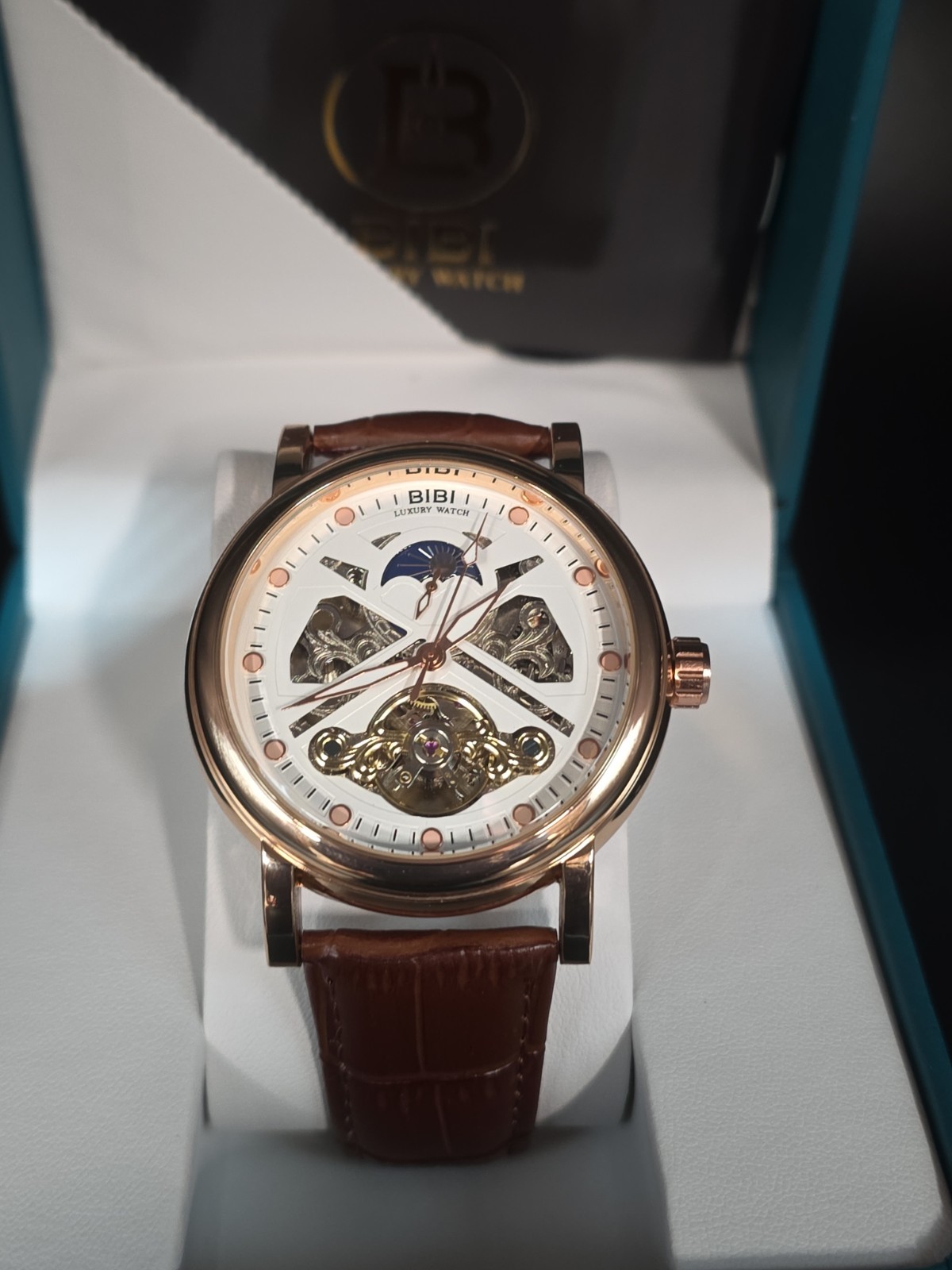 BIBI Luxury Watch Automatic Skeleton Rose Gold, Leather Band
