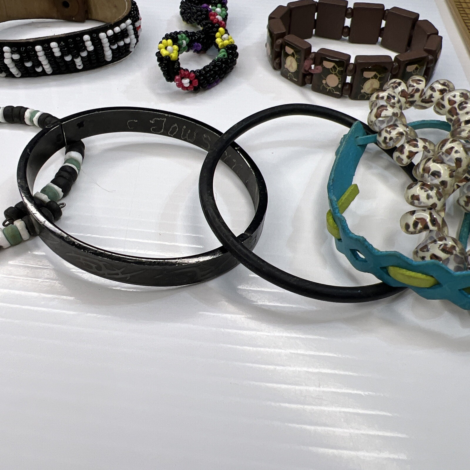 Lot Black Kenya Glass Beaded Leather Boho Hippie Wood Retro Bracelets