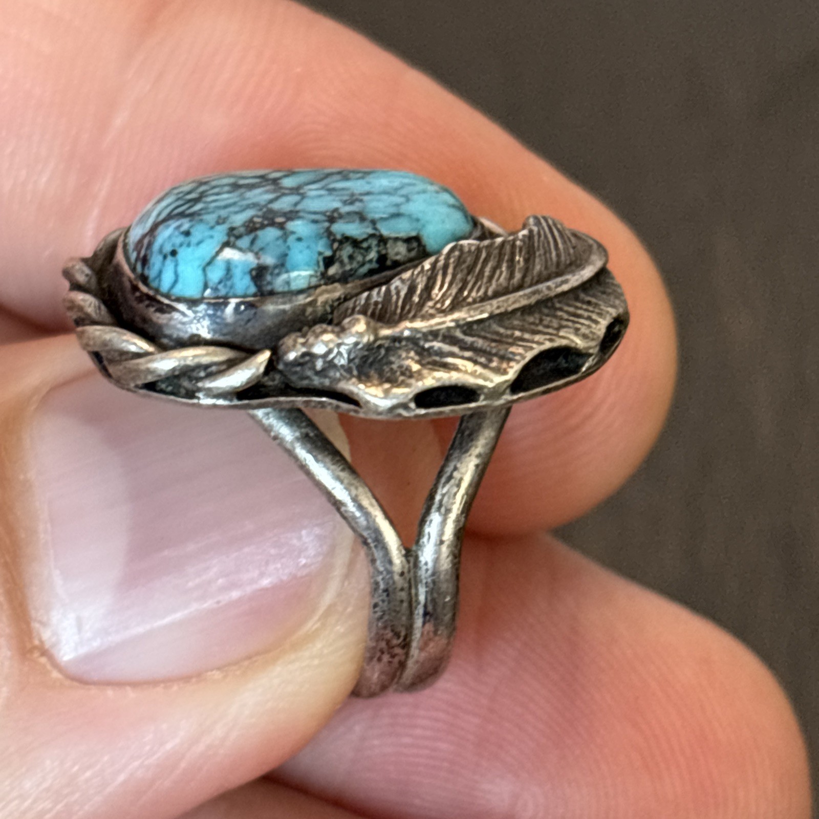 LY YL Navajo Vintage Ring Intense Turquoise Size 5.5 Sterling Silver