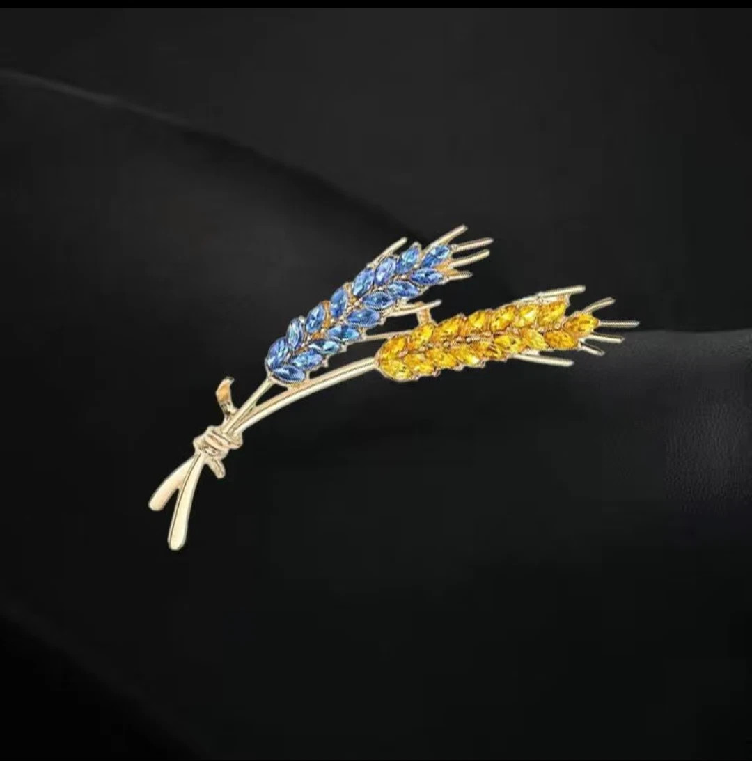 Wheat Brooch Pin Gold Tone Blue Yellow Crystal Rhinestone Ukrainian Style Jewelr