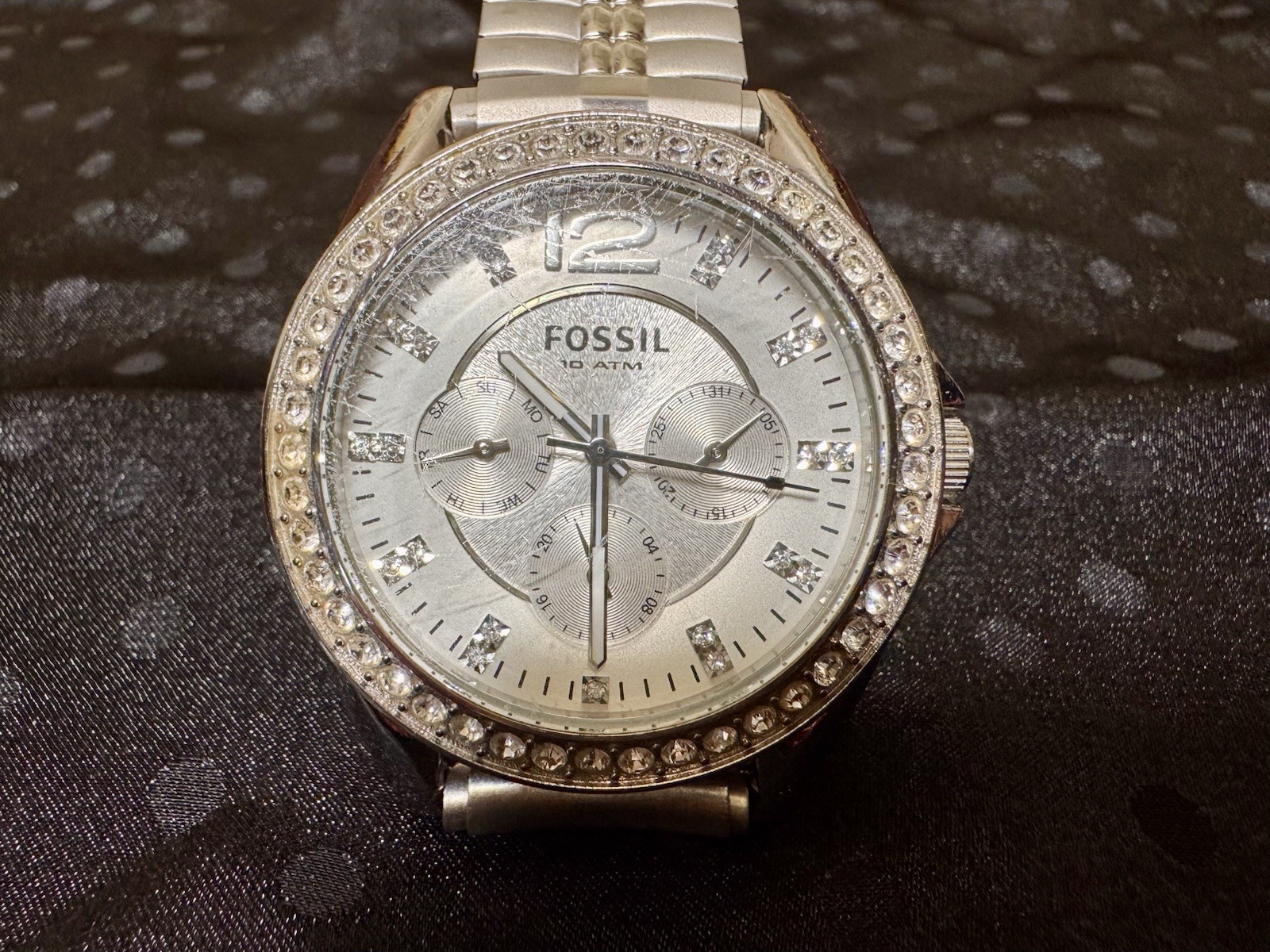 Fossil ES2344 Women’s Silver Tone Crystal Bezel Multifunction Watch Stretch Band