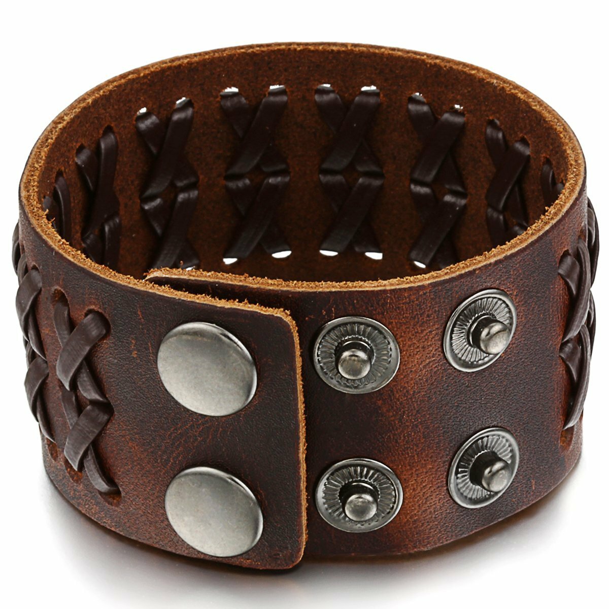 Punk Rock Wide Brown Leather Men’s Cuff Bangle Bracelet Adjustable Wristband